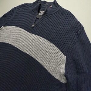 Vintage Polo Jeans Co Ralph Lauren ¼ Zip Sweater Navy Gray Stripe XL Cotton Flag